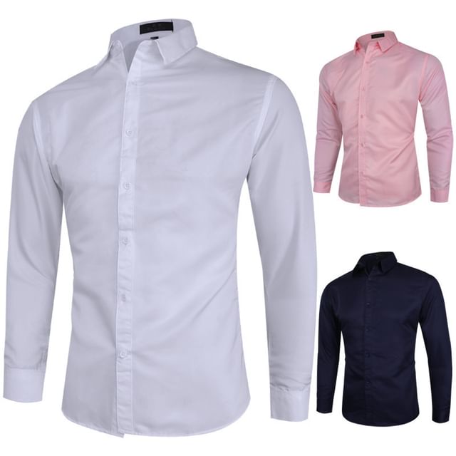 YIKES-Long-Sleeve Plain Button-Up Shirt