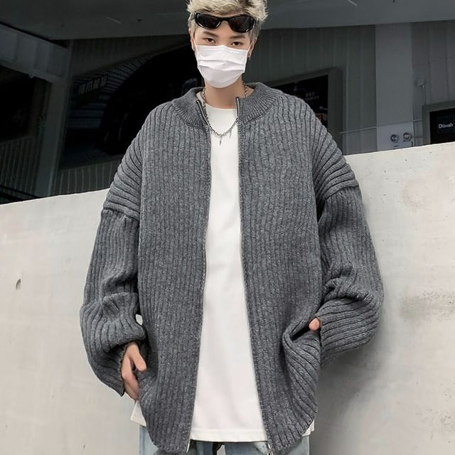 Bay Go Mall-Drop-Shoulder Plain Ribbed Zip Cardigan