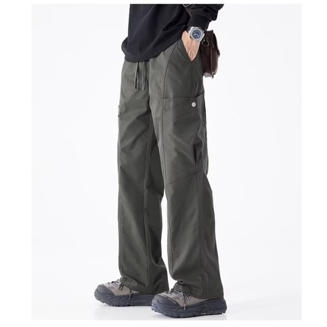 Blueforce-Drawstring Waist Plain Loose Fit Cargo Pants