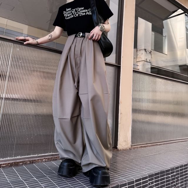 Patow-High Waist Plain Wide Leg Pants
