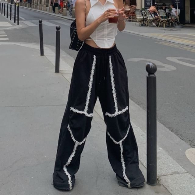 500 STUDIO - High Rise Lace Trim Wide Leg Pants | YesStyle