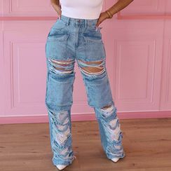 Bolgivy Mid Waist Ripped Rhinestone Chain Accent Loose Fit Jeans Dark blue/jeans M