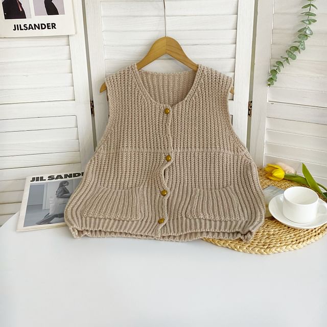 Iasia-V-Neck Plain Ribbed Button Sweater Vest