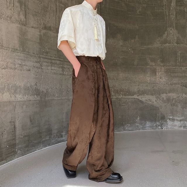 Omozando-Mid Rise Jacquard Wide Leg Pants