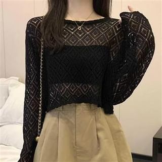 Everose-Long-Sleeve Crew Neck Plain Pointelle Knit Top