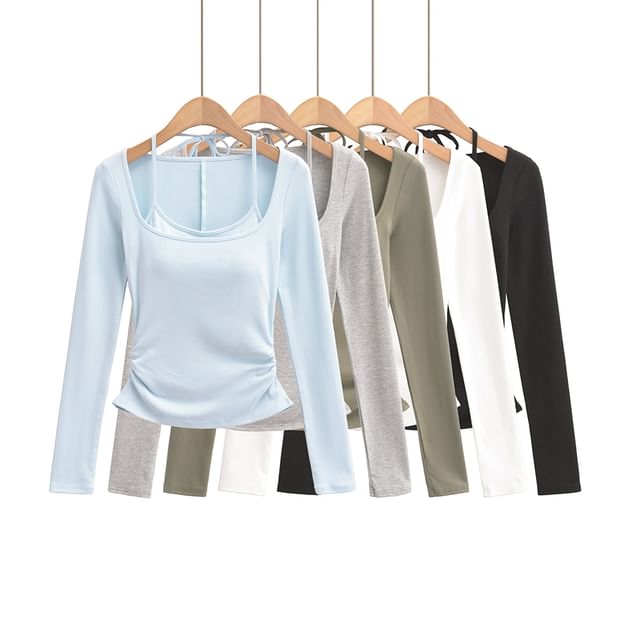 Ulark-Mock Two-Piece Long-Sleeve Halter Neck Plain Top