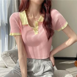Sisyphi-Short-Sleeve Two Tone Crop Knit Polo Top