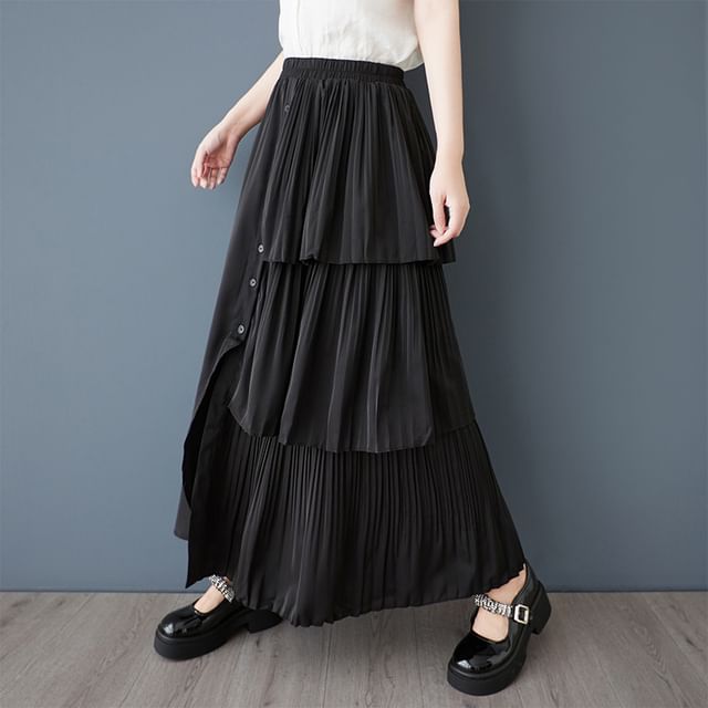 Lewwe-Elastic Waist Plain Asymmetrical Ruffle Panel Buttoned Maxi A-Line Skirt