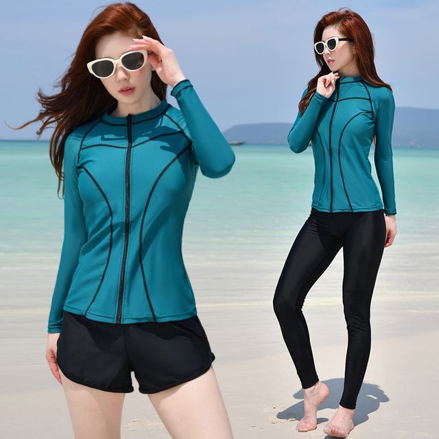 aqurine - Set: Contrast Trim Zip-Up Rash Guard + Swim Shorts +