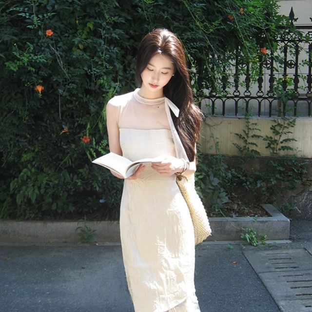 Yako - Sleeveless Mock Neck Plain Mock Two Piece Panel Mesh Maxi A-Line  Dress | YesStyle