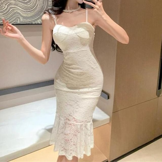 Spaghetti Strap Sweetheart Neckline Plain Lace Midi Mermaid Dress Spaghetti Strap Sweetheart Neckline Plain Lace Midi Mermaid Dress