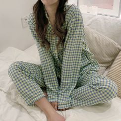 Dute - Pajama Set: Gingham Shirt + Pants