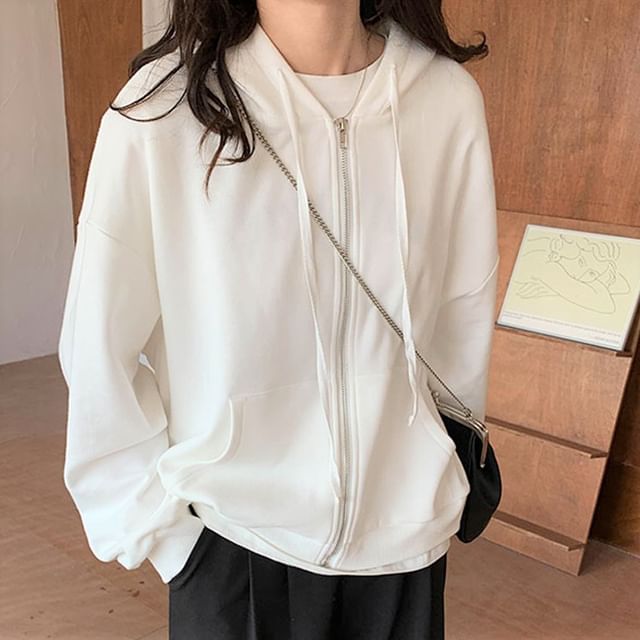 Florabbie - Loose-Fit Long-Sleeve Zip Up Plain Hoodie | YesStyle