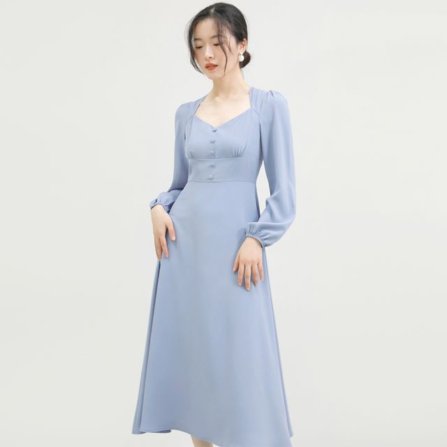 TANSSHOP - Long-Sleeve Plain Midi A-Line Dress