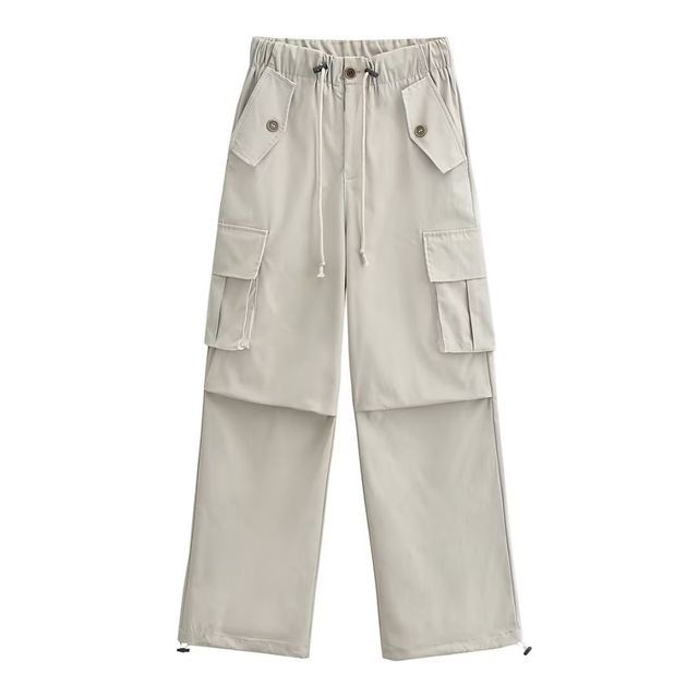 Lexama - High Waist Plain Loose Fit Cargo Pants