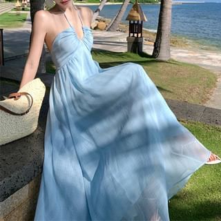 Faiar-Halter Neck Plaid Ruched Open Back Maxi A-Line Dress