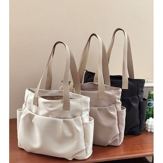 Basaran Plain Ruched Tote Bag Bag Charm Brooch Set YesStyle