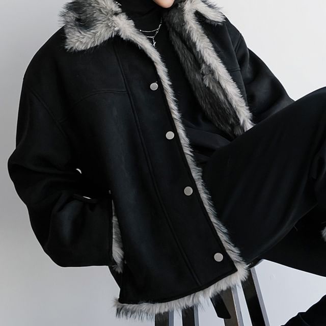 CHIC ERRO-Collared Fleece-Lined Button-Up Faux Suede Jacket
