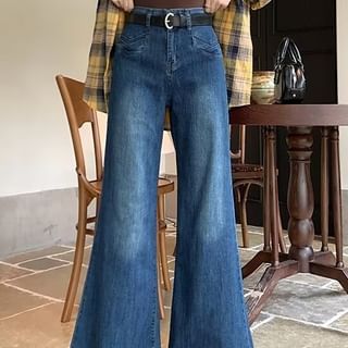 Wildfoea-High Waist Washed Bell Bottom Jeans