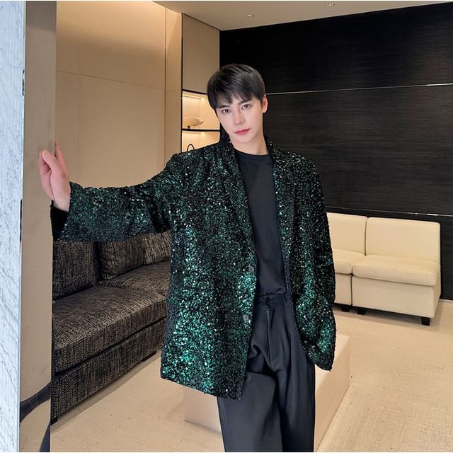 Patow Lapel Collar Sequin Single-Breasted Blazer YesStyle