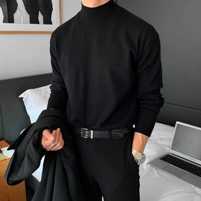 Savenne-Long-Sleeve Mock Neck Plain Knit Top
