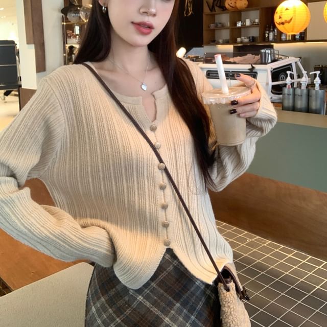 Beem-Long-Sleeve Notch Neck Plain Button Knit Top High Waist Plaid Midi H-Line Skirt