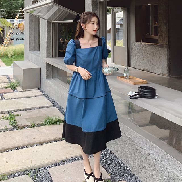navy blue dress for baby girl Vintage Dress Turndown Collar 1950s College Style Literary Fan Short  Sleeves Color Block Elegant Ladylike A-line Midi Dress