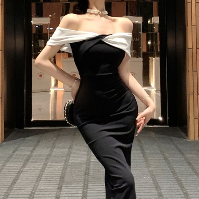 JIYON-Off Shoulder Two Tone Maxi Sheath Dress