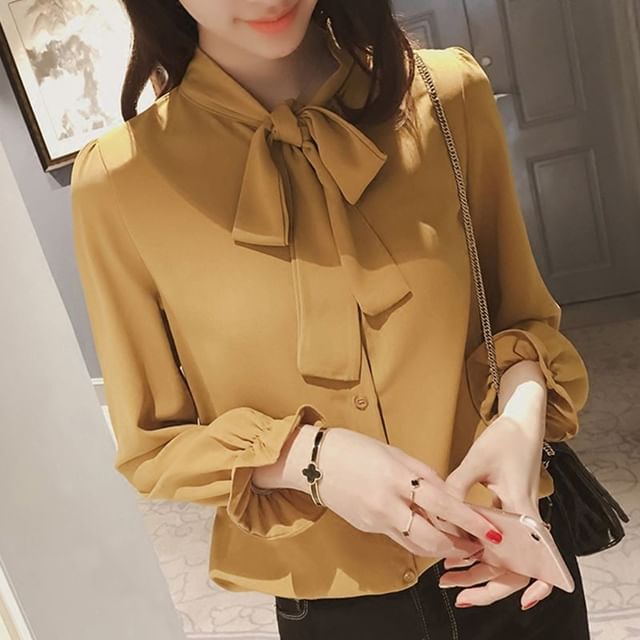 HYAKU-Long Sleeve Bowknot Plain Chiffon Blouse