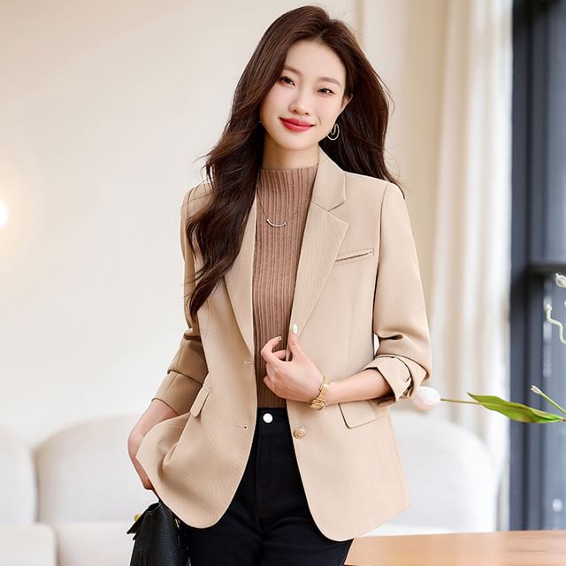 Skyheart-Lapel Collar Plain Single-Breasted Blazer