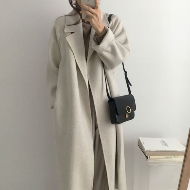 Jesong-Lapel Collar Plain Sashed Midi Open Front Coat