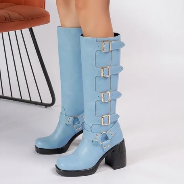 Megan-36 Block Heel Buckled Tall Boots