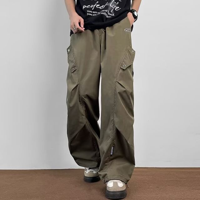 Sinlarity-Drawstring Waist Plain Ruched Wide Leg Cargo Pants
