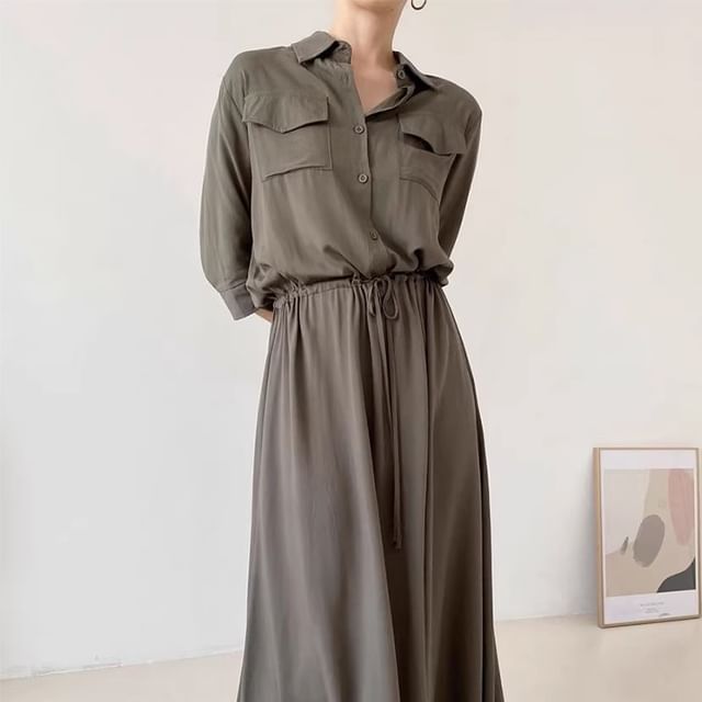 Coris-Long-Sleeve Collared Plain Drawstring Waist Maxi A-Line Shirt Dress