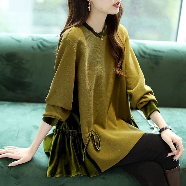 Lewwe-Puff-Sleeve Round Neck Two Tone Drawstring Sweatshirt