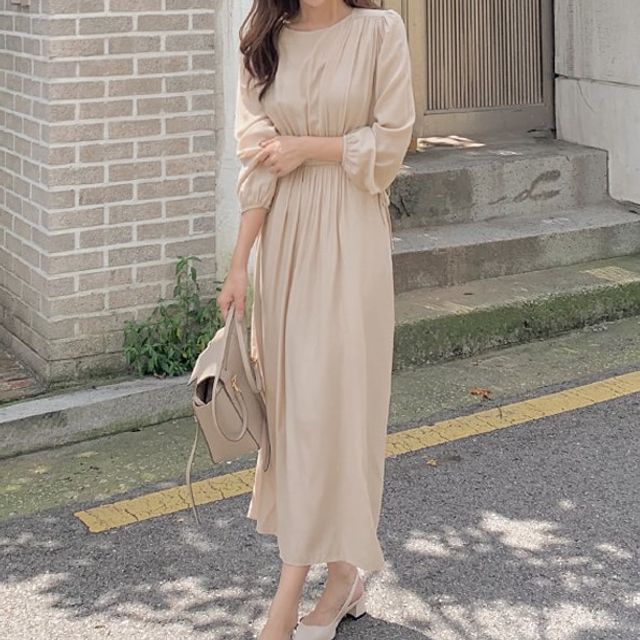 HANSHOW - Plain Shirred Long-Sleeve Midi A-Line Dress | YesStyle
