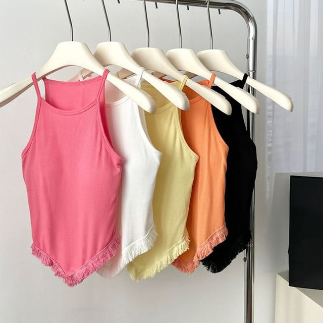 CRIBI-Sleeveless Pointed Hem Plain Crop Top