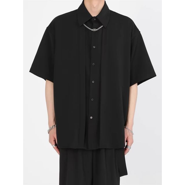 JUN-LEE-Elbow-Sleeve Chained Plain Shirt