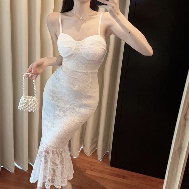 chinese dress ladies Women's Dammi Sheath Spaghetti Strap Lace Midi Dress S/M/L/Customize White/Beige Mean Blvd White / S