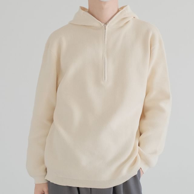 DAZO Studios-Hooded Plain Half Zip Ribbed Knit Sweater