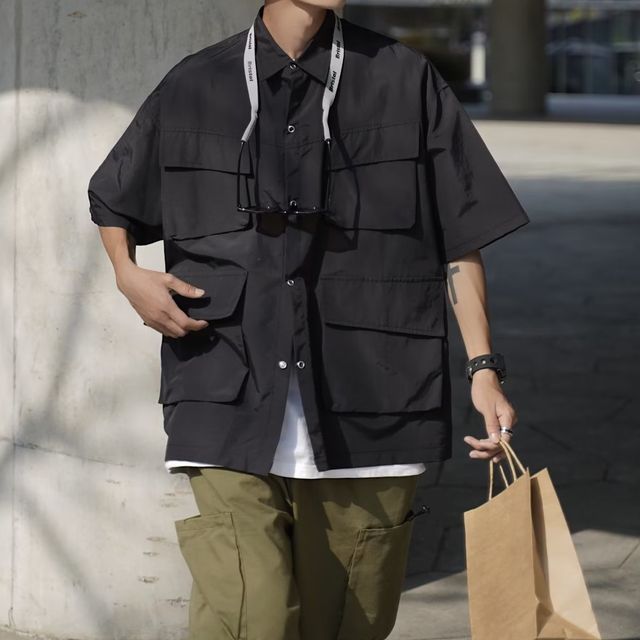 Ateso Short-Sleeve Collared Plain Cargo Shirt YesStyle