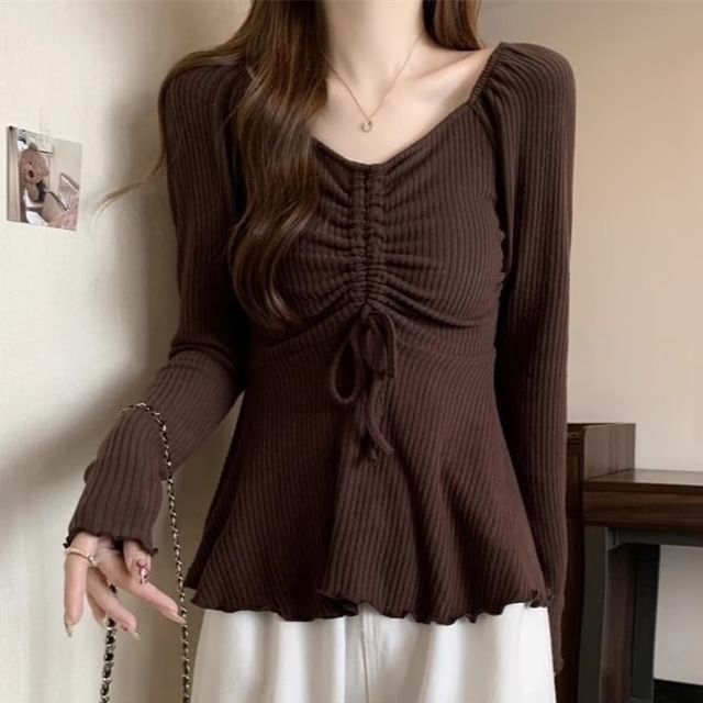 Sisyphi-Long-Sleeve V-Neck Frill Trim Plain Top