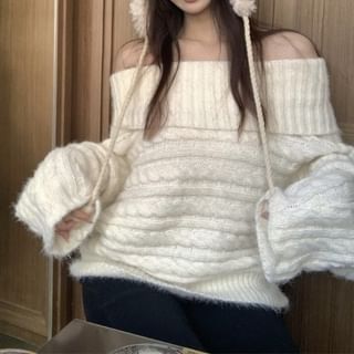 Beem-Off-Shoulder Plain Cable Knit Sweater