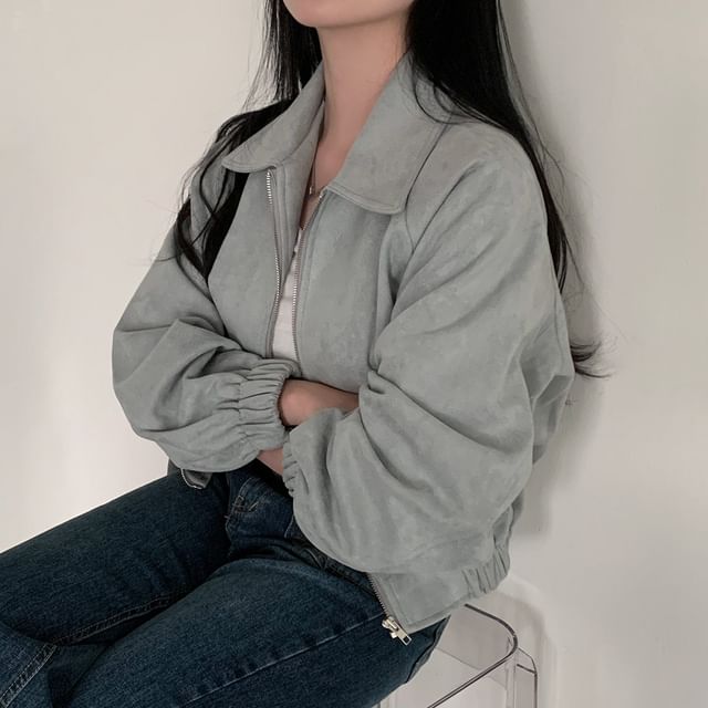Tulstrix-Collared Plain Faux Suede Zip Crop Jacket