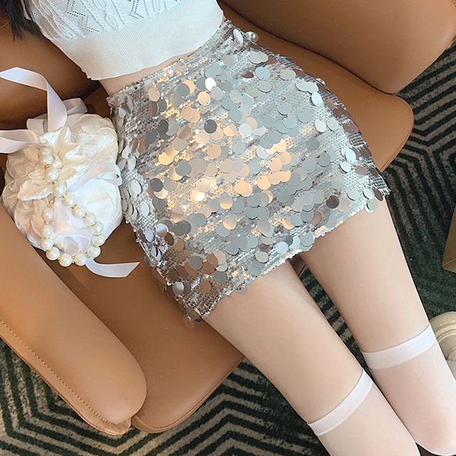 Everose-High Waist Sequined Mini Pencil Skirt