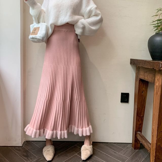 Whychunga-High Waist Knit Pleated Maxi A-Line Skirt
