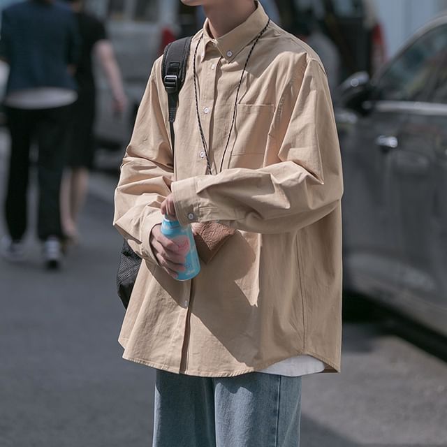 WidoWilder-Long-Sleeve Plain Button-Up Shirt