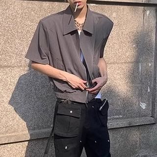 Savenne-Elbow-Sleeve Collared Zip-Up Plain Crop Jacket