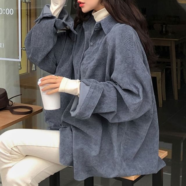 Coris-Collar Plain Corduroy Button Shacket