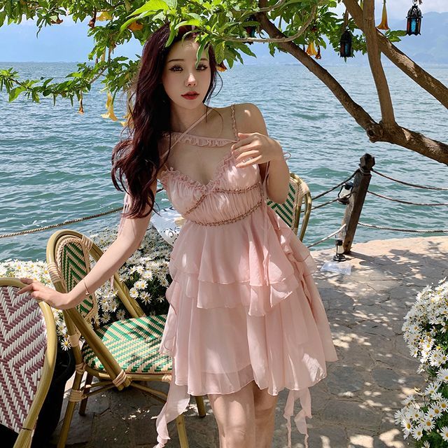 Saccharine Asymmetrical Spaghetti Strap A-Line Layered Dress